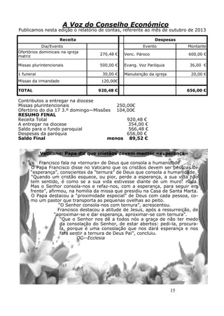 15
A Voz do Conselho Económico
Publicamos nesta edição o relatório de contas, referente ao mês de outubro de 2013
Contributos a entregar na diocese
Missas plurintencionais 250,00€
Ofertório do dia 17 3.º domingo—Missões 104,00€
RESUMO FINAL
Receita Total 920,48 €
A entregar na diocese 354,00 €
Saldo para o fundo paroquial 566,48 €
Despesas da paróquia 656,00 €
Saldo Final menos 89,52 €
Vaticano: Papa diz que cristãos devem manter «esperança»
Francisco fala na «ternura» de Deus que consola a humanidade
O Papa Francisco disse no Vaticano que os cristãos devem ser pessoas de
“esperança”, conscientes da “ternura” de Deus que consola a humanidade.
“Quando um cristão esquece, ou pior, perde a esperança, a sua vida não
tem sentido, é como se a sua vida estivesse diante de um muro: nada.
Mas o Senhor consola-nos e refaz-nos, com a esperança, para seguir em
frente”, afirmou, na homilia da missa que presidiu na Casa de Santa Marta.
O Papa destacou a “proximidade especial” de Deus com cada pessoa, co-
mo um pastor que transporta as pequenas ovelhas ao peito.
“O Senhor consola-nos com ternura”, acrescentou.
Francisco destacou a atitude de Jesus, após a ressurreição, de
“aproximar-se e dar esperança, aproximar-se com ternura”.
“Que o Senhor nos dê a todos nós a graça de não ter medo
da consolação do Senhor, de estar abertos: pedi-la, procura-
la, porque é uma consolação que nos dará esperança e nos
fará sentir a ternura de Deus Pai”, concluiu.
OC—Ecclesia
Receita Despesas
Dia/Evento Evento Montante
Ofertórios dominicais na igreja
matriz
270,48 € Venc. Pároco 600,00 €
Missas plurintencionais 500,00 € Evang. Voz Paróquia 36,00 €
1 funeral 30,00 € Manutenção da igreja 20,00 €
Missas da irmandade 120,00€
TOTAL 920,48 € 656,00 €
 