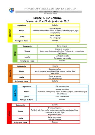 PATRONATO NOSSA SENHORA DA BONANÇA
Creche e Jardim-de-Infância
Vila Praia de Âncora
EMENTA DO JARDIM
Semana de 18 a 22 de janeiro de 2016
SEGUNDA
Suplemento Bolacha
Almoço
Sopa de repolho
Caldeirada de bacalhau, salada de alface, tomate e pepino, água
Banana/Pêra
Lanche
Leite simples
Pão com queijo
Reforço da tarde Bolacha
TERÇA
Suplemento Leite simples
Almoço
Creme de brócolos
Massa macarrão com carne (ervilhas, feijão verde e cenoura), água
Kiwi/Banana
Lanche
Leite com cevada
Tostas com marmelada
Reforço da tarde Bolacha
QUARTA
Suplemento Banana
Almoço
Sopa de ervilhas
Arroz de peixe, salada de alface, tomate e milho, água
Pêra/Maçã
Lanche
Iogurte aromas
Pão com manteiga
Reforço da tarde Bolacha
QUINTA
Suplemento Pão com manteiga
Almoço
Sopa de massinhas
Açorda de carne (peru), salada de alface, pepino e beterraba, água
Maçã/Banana
Lanche Leite com cereais
Reforço da tarde Bolacha
SEXTA
Suplemento Iogurte
Almoço
Creme de legumes
Feijão-frade (com molho verde), ovos mexidos, salada de alface,
cenoura e beterraba, água
Maçã assada/Pêra
Lanche
Leite com cevada
Pão com fiambre
Reforço da tarde Bolacha
 