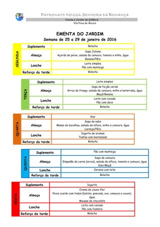 PATRONATO NOSSA SENHORA DA BONANÇA
Creche e Jardim-de-Infância
Vila Praia de Âncora
EMENTA DO JARDIM
Semana de 25 a 29 de janeiro de 2016
SEGUNDA
Suplemento Bolacha
Almoço
Sopa Juliana
Açorda de peixe, salada de cenoura, tomate e milho, água
Banana/Pêra
Lanche
Leite simples
Pão com manteiga
Reforço da tarde Bolacha
TERÇA
Suplemento Leite simples
Almoço
Sopa de feijão-verde
Arroz de frango, salada de cenoura, milho e beterraba, água
Maçã/Banana
Lanche
Leite com cevada
Pão com doce
Reforço da tarde Bolacha
QUARTA
Suplemento Kiwi
Almoço
Sopa de nabo
Massa de bacalhau, salada de alface, milho e cenoura, água
Laranja/Pêra
Lanche
Iogurte de aromas
Tostas com marmelada
Reforço da tarde Bolacha
QUINTA
Suplemento Pão com manteiga
Almoço
Sopa de cenoura
Empadão de carne (arroz), salada de alface, tomate e cenoura, água
Kiwi/Maçã
Lanche Cereais com leite
Reforço da tarde Bolacha
SEXTA
Suplemento Iogurte
Almoço
Creme de couve-flor
Peixe cozido com todos (batata, pescada, ovo, cenoura e couve),
água
Mousse de chocolate
Lanche
Leite com cevada
Pão com fiambre
Reforço da tarde Bolacha
 