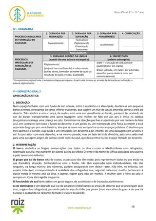 10www.raizeditora.pt
Novo Plural 11 – 11.º ano
IV – GRAMÁTICA
PROCESSOS REGULARES
DE FORMAÇÃO DE
PALAVRAS
1. DERIVADA POR
PREFIXAÇÃO
2. DERIVADA POR
SUFIXAÇÃO
3. DERIVADA POR
PARASSÍNTESE
4. COMPOSIÇÃO
Superalimento
Festivaleiro
Plafonamento
Privatização
Terrorismo
Acolhimento
------------------------
NEOLOGISMOS
PROCESSOS
IRREGULARES DE
FORMAÇÃO DE
PALAVRAS
5. FORMADA DENTRO DA LÍNGUA
(a partir de uma palavra estrangeira)
6. EMPRÉSTIMO
(palavra estrangeira)
Plafonamento
*
(plafond: teto em francês) + sufixo mento
(sufixo latino, formador de nome de ação ou
resultado de ação, estado, qualidade)
Selfie – truncação de self-portrait:
(autorretrato, em inglês)
Drone (zângão, em inglês; por extensão,
aparelho que se desloca no ar por
controlo remoto)
*O empréstimo plafond tinha já entrado na língua portuguesa. A partir dele formou-se, através da derivação por sufixação, a
palavra plafonamento.
V – EXPRESSÃO ORAL 2
APRECIAÇÃO CRÍTICA
1. DESCRIÇÃO
Num espaço fechado, com um fundo de cor intensa, entre o castanho e o alaranjado, destaca-se um pequeno
barco a remos, emergindo do canto inferior esquerdo, que sugere um mar de águas amarelas como a areia do
deserto. Três adultos e uma criança, de costas, com uma cor semelhante ao fundo, parecem ter acabado de
sair do barco, transportando uma parca bagagem: uma mulher de fato até aos pés e lenço na cabeça
(muçulmana) carrega uma criança ao colo. Caminham na direção que lhes é apontada por um homem de fato
azul, em contraste com todo o fundo do desenho: é um polícia ou um membro de uma força da ordem e está
separado do grupo por uma divisória, das que se usam nos aeroportos ou nos espaços públicos. O destino que
lhes aponta é a parede, cuja saída é um simulacro, um desenho a giz, infantil, de uma paisagem com árvores e
sol. A contrastar com este desenho, e na mesma parede, mas do lado de lá da divisória, está uma saída real
para uma paisagem alegre, de campo verde com céu azul, que deixa entrar luz no espaço fechado do desenho.
2. INTERPRETAÇÃO
O barco simboliza as frágeis embarcações que todos os dias cruzam o Mediterrâneo com refugiados,
sobretudo da Síria, mas também de outros países do Médio Oriente e do Norte de África assolados pela guerra
e pelo terrorismo islâmico.
O grupo que sai do barco está de costas, as pessoas não têm rosto, pois representam todos os que estão na
sua dramática situação. Confundem-se com o fundo, não têm expressão nem individualidade, não são
ninguém, na longa marcha dos números, podem desaparecer sem deixar rasto. Não têm, no entanto, um
aspeto miserável, correspondendo à realidade dos refugiados que, segundo sabemos, muitos pertencem à
classe média e mesmo alta da Síria, e apenas fogem para não ser mortos. A mulher com o filho ao colo é
sempre um ícone da tragédia da guerra.
O funcionário de azul tem rosto e um gesto seguro, de autoridade e de tranquilo acolhimento.
A cor dominante é um dégradé que vai do amarelo (simbolizando as areias do deserto que se prolongam pelo
mar, origem dos refugiados), passando pelo laranja do chão que pisam (mais evocativo da guerra do que da
Europa) e acabando no castanho fechado e escuro da parede.
 