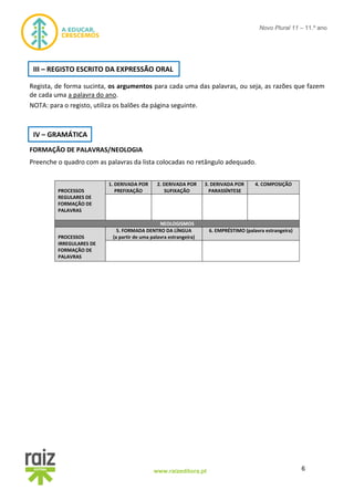 6www.raizeditora.pt
Novo Plural 11 – 11.º ano
Regista, de forma sucinta, os argumentos para cada uma das palavras, ou seja, as razões que fazem
de cada uma a palavra do ano.
NOTA: para o registo, utiliza os balões da página seguinte.
FORMAÇÃO DE PALAVRAS/NEOLOGIA
Preenche o quadro com as palavras da lista colocadas no retângulo adequado.
PROCESSOS
REGULARES DE
FORMAÇÃO DE
PALAVRAS
1. DERIVADA POR
PREFIXAÇÃO
2. DERIVADA POR
SUFIXAÇÃO
3. DERIVADA POR
PARASSÍNTESE
4. COMPOSIÇÃO
NEOLOGISMOS
PROCESSOS
IRREGULARES DE
FORMAÇÃO DE
PALAVRAS
5. FORMADA DENTRO DA LÍNGUA
(a partir de uma palavra estrangeira)
6. EMPRÉSTIMO (palavra estrangeira)
IV – GRAMÁTICA
III – REGISTO ESCRITO DA EXPRESSÃO ORAL
 