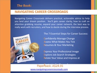 Paperback: A$24.95
NAVIGATING CAREER CROSSROADS
Navigating Career Crossroads delivers practical, actionable advice to help
you land your dream position. You’ll gain career clarity, how to craft an
attention grabbing resume, expand your career network, the best way to
really work with recruiters, and how to dazzle during the interview process.
The 7 Essential Steps for Career Success:
Confidently Manage Change
Assess What Makes You Tick
Resumes & Your Marketing
Communication
Express Your Professional Image
Explore Job Search Strategies
Relate Your Value and Impress at
Interviews
Strategies for Career Success
The Book:
www.navigatingcareercrossroads.com
 