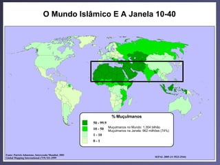 O mundo islâmico

                                O Mundo Islâmico E A Janela 10-40




                                                                    % Muçulmanos
                                                      50 - 99.9
                                                                  Muçulmanos no Mundo: 1,304 bilhão
                                                      10 - 50     Muçulmanos na Janela: 962 milhões (74%)
                                                      1 - 10
                                                      0-1


Fonte: Patrick Johnstone, Intercessão Mundial, 2001
Global Mapping International (719) 531-3599                                                    SEPAL 2005 (11 5523-2544)
 