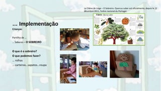 … Implementação
Crianças:
Partilha de …
… Saberes – O SOBREIRO
O que é o sobreiro?
O que podemos fazer?
… rolhas
… carteiras…sapatos…roupa
Le Chêne de Liège – O Sobreiro- Quercus suber est oficialmente, depuis le 22
décembre 2011, l’arbre nacional du Portugal.
 