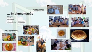 … Implementação
Crianças:
Partilha de …
… Experiências – CULINÁRIA
TARTE AU RIZ
DOCE DE ABÓBORA
 
