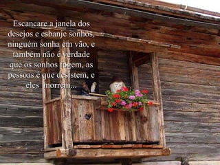 Escancare a janela dos desejos e esbanje sonhos, ninguém sonha em vão, e também não é verdade que os sonhos fogem, as pessoas é que desistem, e eles  morrem... 