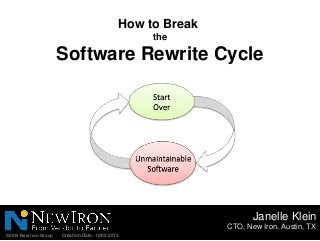 Software Rewrite Cycle
How to Break
the
Start%
Over%
Unmaintainable%
So0ware%
CTO, New Iron
Janelle Klein
©2015 New Iron Group
 