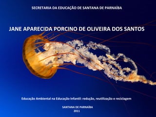 SECRETARIA DA EDUCAÇÃO DE SANTANA DE PARNAÍBA     JANE APARECIDA PORCINO DE OLIVEIRA DOS SANTOS            Educação Ambiental na Educação Infantil: redução, reutilização e reciclagem       SANTANA DE PARNAÍBA 2011 