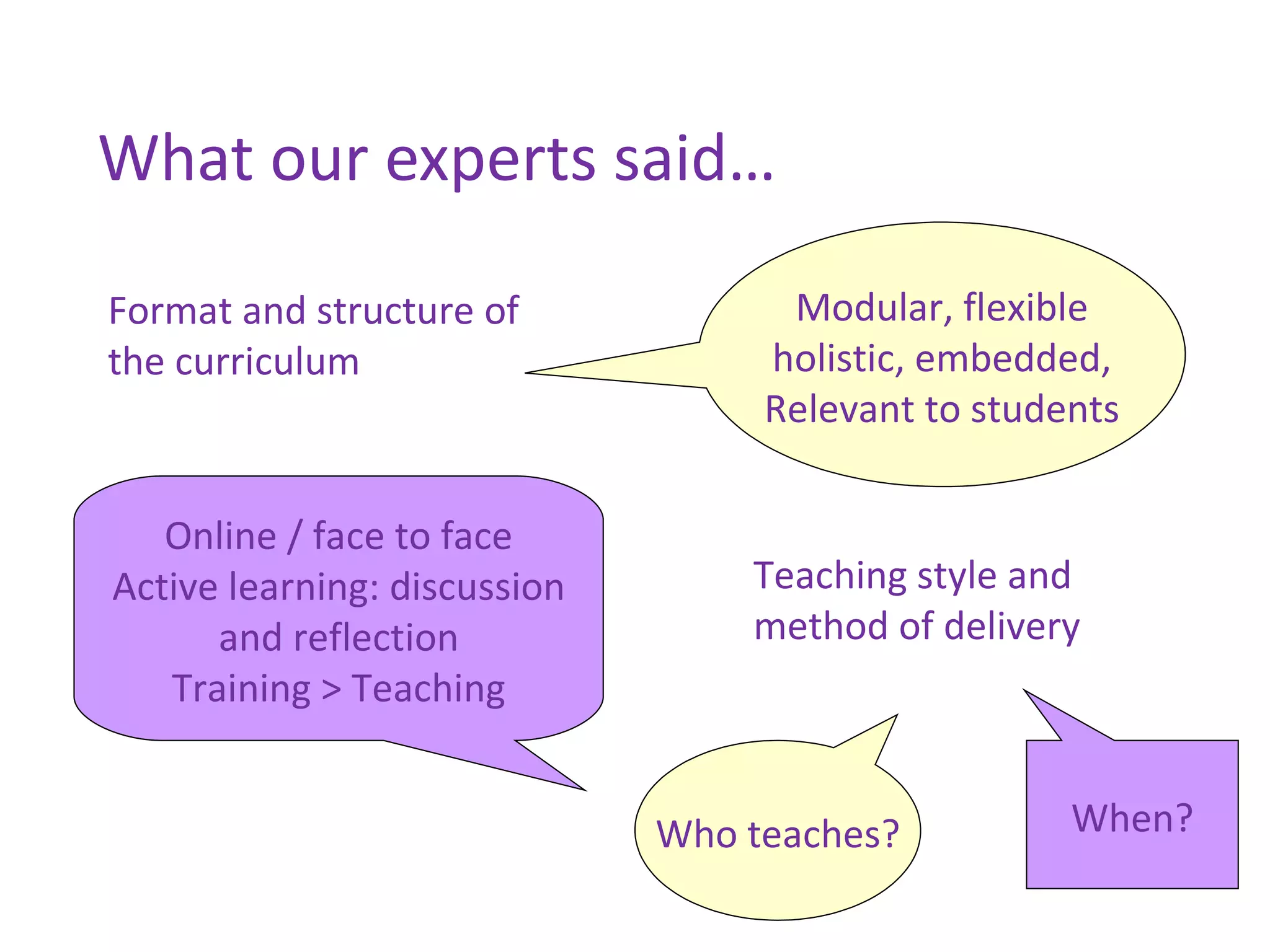 What our experts said… Modular, flexible holistic, embedded, Relevant to students Format and structure of the curriculum Online / face to face Active learning: discussion and reflection Training > Teaching Teaching style and method of delivery Who teaches? When? 