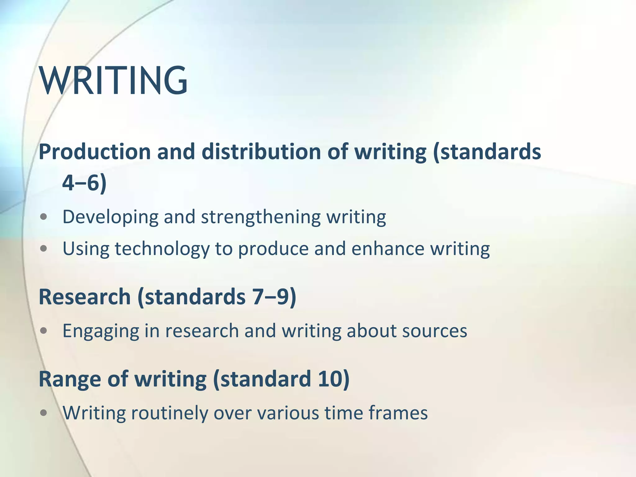 College & Career ReadinessIndependentStrong content knowledgeRespond to various audiences, tasks, purposes and disciplinesComprehend and critiqueValue evidenceTechnology & digital mediaPerspectives & cultures