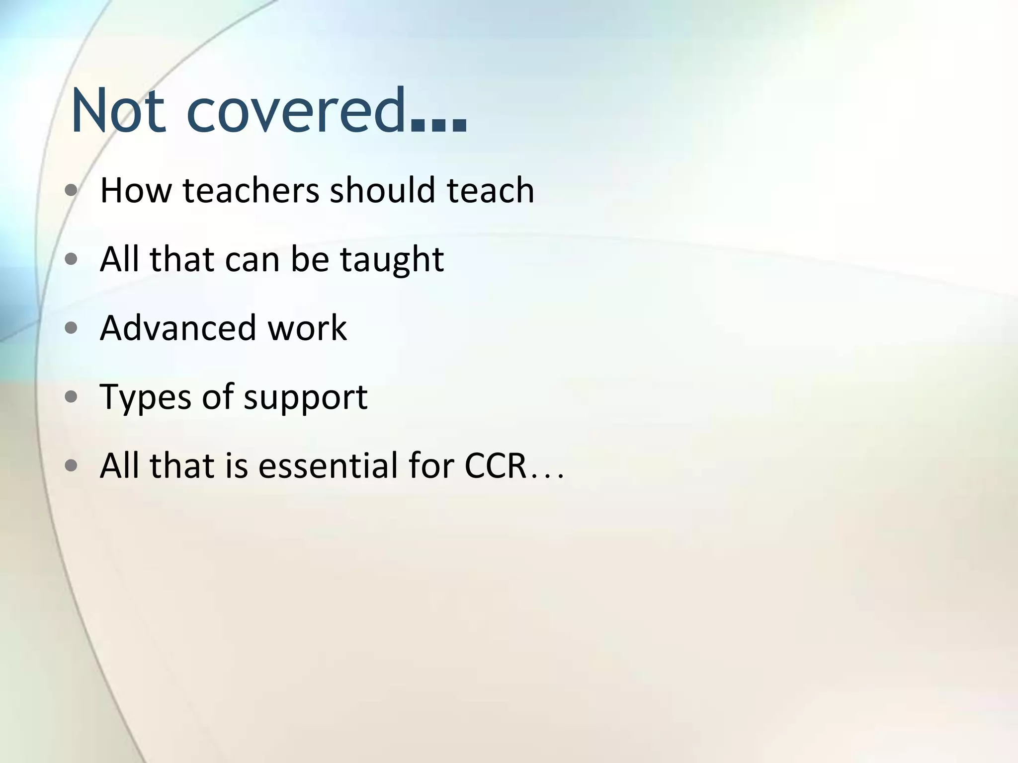 Timeline…2010-2011 (This year!)Familiarize with CCS/CCSSBegin developing curriculumsTesting on 2005 standards2011-2012 (Next year!)Familiarize with CCS/CCSSContinue to develop curriculums Testing on 2005 standardsAfter testing in May begin “new curriculums”