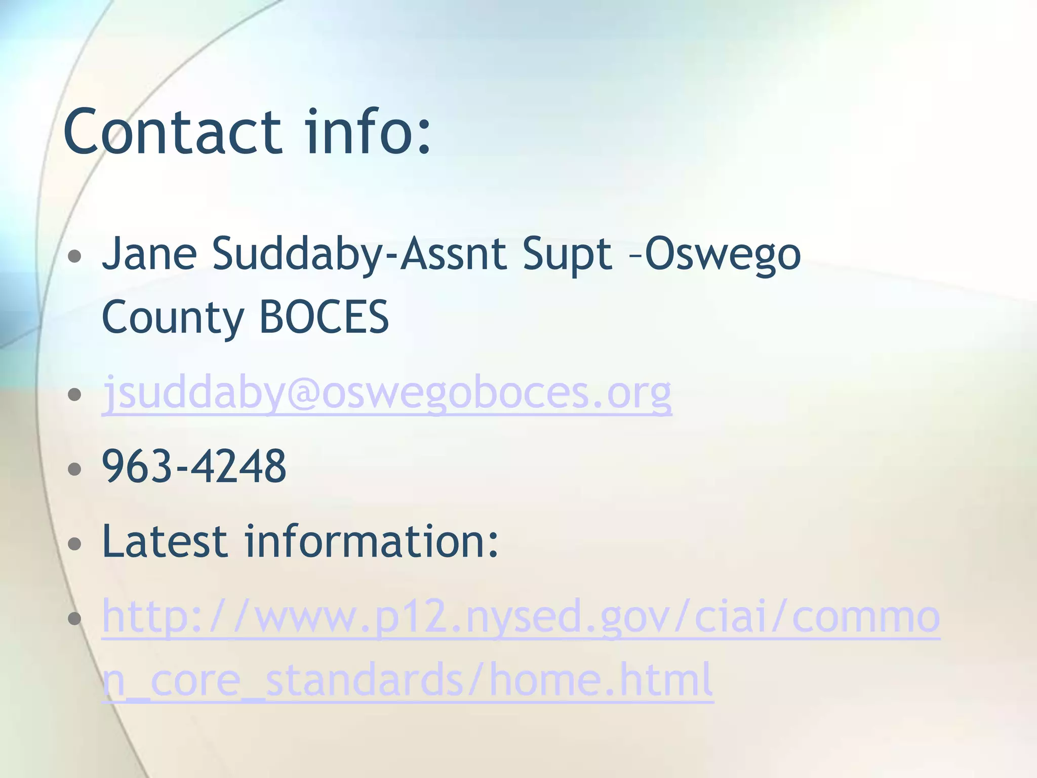 …and time passes…2012-2013 Expectations aligned with CCSS“interim” assessments administeredCurriculum models availablePARCC (Partnership for the Assessment of Readiness for College and Careers) assessments field tested2013-2014 CCSS standards taught & tested“interim” assessments administered