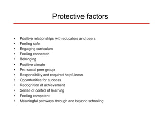 Protective factors
• Positive relationships with educators and peers
• Feeling safe
• Engaging curriculum
• Feeling connected
• Belonging
• Positive climate
• Pro-social peer group
• Responsibility and required helpfulness
• Opportunities for success
• Recognition of achievement
• Sense of control of learning
• Feeling competent
• Meaningful pathways through and beyond schooling
 