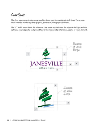 Z
Z
Z
Y
X
YY
X
X
Clear Space
The clear space or no-invade area around the logos must be maintained at all times. These areas
must never be invaded by other graphics, borders or photographic elements.
The X, Y and Z boxes define the minimum clear space required from the edges of the logos and the
definable outer edge of a background field or the nearest edge of another graphic or visual element.
28 | JANESVILLE, WISCONSIN BRAND STYLE GUIDE
 