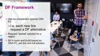DF Framework
> Use as comparator against OSA
FC
>I.e. each new link
request a DF alternative
> Request "partial" solution for a
region
> Sit in room and build based on
OSA FC, per link and full solution
 