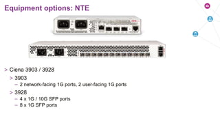 > Ciena 3903 / 3928
> 3903
– 2 network-facing 1G ports, 2 user-facing 1G ports
> 3928
– 4 x 1G / 10G SFP ports
– 8 x 1G SFP ports
Equipment options: NTE
 