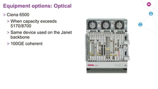 > Ciena 6500
> When capacity exceeds
5170/8700
> Same device used on the Janet
backbone
> 100GE coherent
Equipment options: Optical
 