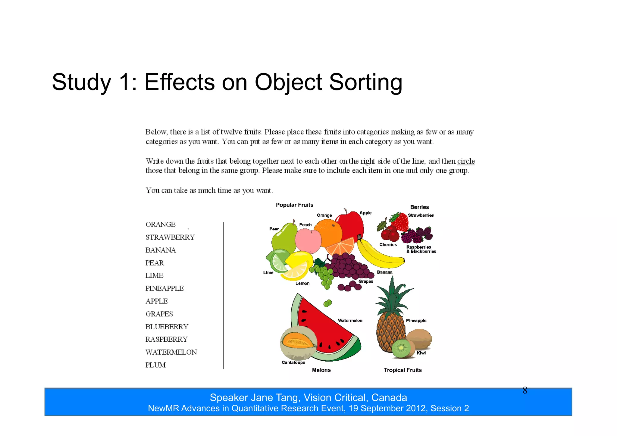 Speaker Jane Tang, Vision Critical, Canada
NewMR Advances in Quantitative Research Event, 19 September 2012, Session 2
8
Study 1: Effects on Object Sorting
 