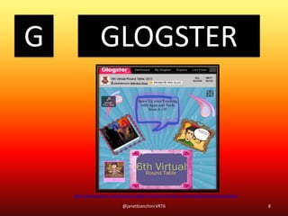 G GLOGSTER
8@janetbianchini VRT6
http://www.glogster.com/janetabruzzo/6th-virtual-round-table-2013/g-6kp2pfs7460rg1m2h0u2ba0
 
