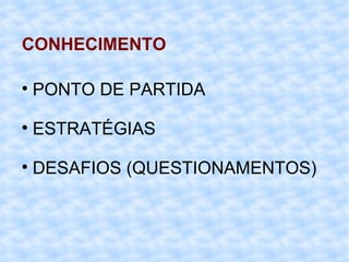 CONHECIMENTO  PONTO DE PARTIDA ESTRATÉGIAS DESAFIOS (QUESTIONAMENTOS) 