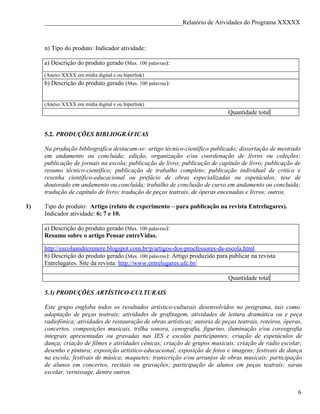 ____________________________________________Relatório de Atividades do Programa XXXXX



     n) Tipo do produto: Indicador atividade:

     a) Descrição do produto gerado (Max. 100 palavras):
     (Anexo XXXX em mídia digital e ou hiperlink)
     b) Descrição do produto gerado (Max. 100 palavras):


     (Anexo XXXX em mídia digital e ou hiperlink)
                                                                               Quantidade total


     5.2. PRODUÇÕES BIBLIOGRÁFICAS

     Na produção bibliográfica destacam-se: artigo técnico-científico publicado; dissertação de mestrado
     em andamento ou concluída; edição, organização e/ou coordenação de livros ou coleções;
     publicação de jornais na escola; publicação de livro; publicação de capítulo de livro; publicação de
     resumo técnico-científico; publicação de trabalho completo; publicação individual de crítica e
     resenha científico-educacional ou prefácio de obras especializadas ou espetáculos; tese de
     doutorado em andamento ou concluída; trabalho de conclusão de curso em andamento ou concluída;
     tradução de capítulo de livro; tradução de peças teatrais, de óperas encenadas e livros; outros.

1)   Tipo do produto: Artigo (relato de experimento – para publicação na revista Entrelugares).
     Indicador atividade: 6; 7 e 10.

     a) Descrição do produto gerado (Max. 100 palavras):
     Resumo sobre o artigo Pensar entreVidas.

     http://escolaandrezenere.blogspot.com.br/p/artigos-dos-proefessores-da-escola.html
     b) Descrição do produto gerado (Max. 100 palavras): Artigo produzido para publicar na revista
     Entrelugares. Site da revista: http://www.entrelugares.ufc.br/

                                                                               Quantidade total

     5.3) PRODUÇÕES ARTÍSTICO-CULTURAIS

     Este grupo engloba todos os resultados artístico-culturais desenvolvidos no programa, tais como:
     adaptação de peças teatrais; atividades de grafitagem, atividades de leitura dramática ou e peça
     radiofônica; atividades de restauração de obras artísticas; autoria de peças teatrais, roteiros, óperas,
     concertos, composições musicais, trilha sonora, cenografia, figurino, iluminação e/ou coreografia
     integrais apresentadas ou gravadas nas IES e escolas participantes; criação de espetáculos de
     dança; criação de filmes e atividades cênicas; criação de grupos musicais; criação de rádio escolar;
     desenho e pintura; exposição artístico-educacional; exposição de fotos e imagens; festivais de dança
     na escola; festivais de música; maquetes; transcrição e/ou arranjos de obras musicais; participação
     de alunos em concertos, recitais ou gravações; participação de alunos em peças teatrais; sarau
     escolar, vernissage, dentre outros.


                                                                                                           6
 