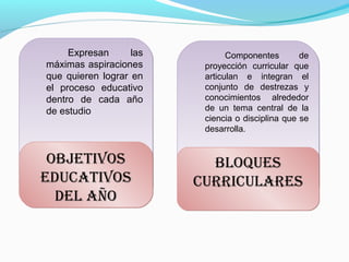Expresan      las          Componentes        de
máximas aspiraciones      proyección curricular que
que quieren lograr en     articulan e integran el
el proceso educativo      conjunto de destrezas y
dentro de cada año        conocimientos alrededor
de estudio                de un tema central de la
                          ciencia o disciplina que se
                          desarrolla.


 ObjEtIvOS                 bLOquES
EDucAtIvOS               cuRRIcuLARES
  DEL AñO
 