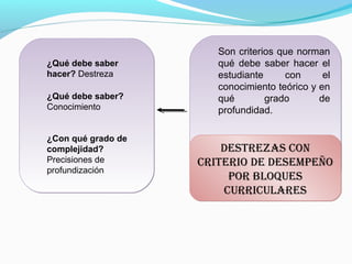 Son criterios que norman
¿Qué debe saber        qué debe saber hacer el
hacer? Destreza        estudiante     con      el
                       conocimiento teórico y en
¿Qué debe saber?       qué        grado       de
Conocimiento           profundidad.

¿Con qué grado de
complejidad?            DEStREzAS cOn
Precisiones de      cRItERIO DE DESEmPEñO
profundización
                         POR bLOquES
                        cuRRIcuLARES
 