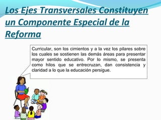 Los Ejes Transversales Constituyen
un Componente Especial de la
Reforma
      Curricular, son los cimientos y a la vez los pilares sobre
      los cuales se sostienen las demás áreas para presentar
      mayor sentido educativo. Por lo mismo, se presenta
      como hilos que se entrecruzan, dan consistencia y
      claridad a lo que la educación persigue.
 