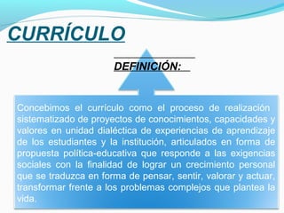 CURRÍCULO
                                 
                      DEFINICIÓN:   


Concebimos el currículo como el proceso de realización
sistematizado de proyectos de conocimientos, capacidades y
valores en unidad dialéctica de experiencias de aprendizaje
de los estudiantes y la institución, articulados en forma de
propuesta política-educativa que responde a las exigencias
sociales con la finalidad de lograr un crecimiento personal
que se traduzca en forma de pensar, sentir, valorar y actuar,
transformar frente a los problemas complejos que plantea la
vida.
 