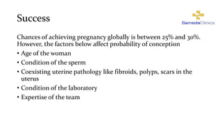 Success
Chances of achieving pregnancy globally is between 25% and 30%.
However, the factors below affect probability of conception
• Age of the woman
• Condition of the sperm
• Coexisting uterine pathology like fibroids, polyps, scars in the
uterus
• Condition of the laboratory
• Expertise of the team
 