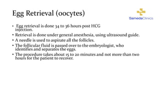 Egg Retrieval (oocytes)
• Egg retrieval is done 34 to 36 hours post HCG
injection.
• Retrieval is done under general anesthesia, using ultrasound guide.
• A needle is used to aspirate all the follicles.
• The follicular fluid is passed over to the embryologist, who
identifies and separates the eggs.
• The procedure takes about 15 to 20 minutes and not more than two
hours for the patient to recover.
 