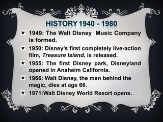 1949: The Walt Disney Music Company
is formed.
1950: Disney’s first completely live-action
film, Treasure Island, is released.
1955: The first Disney park, Disneyland
opened in Anaheim California.
1966: Walt Disney, the man behind the
magic, dies at age 66.
1971:Walt Disney World Resort opens.
 