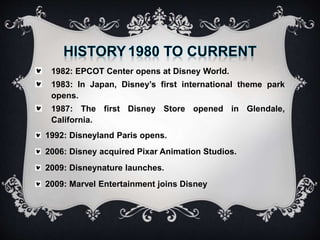 1982: EPCOT Center opens at Disney World.
1983: In Japan, Disney’s first international theme park
opens.
1987: The first Disney Store opened in Glendale,
California.
1992: Disneyland Paris opens.
2006: Disney acquired Pixar Animation Studios.
2009: Disneynature launches.
2009: Marvel Entertainment joins Disney
 