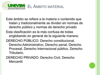 EL ÁMBITO MATERIAL
Este ámbito se refiere a la materia o contenido que
tratan y tradicionalmente se dividen en normas de
derecho público y normas de derecho privado
Esta clasificación es la más confusa de todas
englobando en general de la siguiente manera:
DERECHO PÚBLICO: Derecho constitucional,
Derecho Administrativo, Derecho penal, Derecho
Procesal, Derecho Internacional público, Derecho
Tributario.
DERECHO PRIVADO: Derecho Civil, Derecho
Mercantil
 