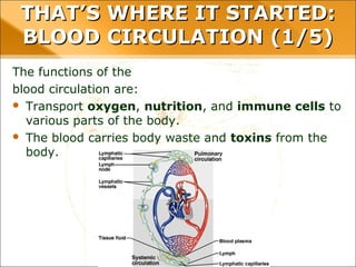 THAT’S WHERE IT STARTED: BLOOD
CIRCULATION (1/5)
The functions of the
blood circulation are:
 Transport oxygen, nutrition, and immune cells to
various parts of the body.
 The blood carries body waste and toxins from the
body.
 