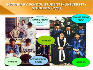 TOXINS FROM
FOOD
TOXINS FROM
FOOD
TOXINS FROM
FOOD
STRESSSTRESS
STRESS
SECONDARY SCHOOL STUDENTS/UNIVERSITYSECONDARY SCHOOL STUDENTS/UNIVERSITY
STUDENTS (2/3)STUDENTS (2/3)
 