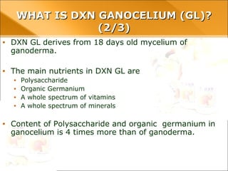 • DXN GL derives from 18 days old mycelium of ganoderma.
• The main nutrients in DXN GL are
• Polysaccharide
• Organic Germanium
• A whole spectrum of vitamins
• A whole spectrum of minerals
• Content of Polysaccharide and organic germanium in ganocelium is 4
times more than of ganoderma.
WHAT IS DXN GANOCELIUM (GL)?WHAT IS DXN GANOCELIUM (GL)?
(2/3)(2/3)
 