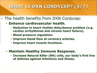 WHAT IS DXN CORDYCEP? (4/7)WHAT IS DXN CORDYCEP? (4/7)
• The health benefits from DXN Cordycep:
• Enhance cardiovascular health.
• Reduction in heart rhythm disturbance problem (e.g. cardiac arrhythmias
and chronic heart failure).
• Blood pressure regulation.
• Improve blood flow at coronary arteries.
• Improve heart muscle functions.
• Maintain Healthy Immune Response.
• Increase Natural Killer (NK) cells, our body’s first line of defense against
infections and illness.
 
