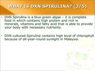 WHAT IS DXN SPIRULINA? (2/5)WHAT IS DXN SPIRULINA? (2/5)
• DXN Spirulina is a blue green algae – it is complete food in which
contains high protein and rich in minerals, vitamins and fatty acid
that is able to provide your body with necessary nutrients.
• DXN cultured Spirulina contains high level of chlorophyll because of
all-year-round sunlight in Malaysia.
 