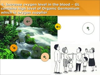 O2
O 2 O
2
O
2
O 2
4. Increase oxygen level in the blood – GL4. Increase oxygen level in the blood – GL
contains high level of Organic Germaniumcontains high level of Organic Germanium
which is oxygen supplierwhich is oxygen supplier
 