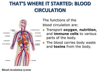 THAT’S WHERE IT STARTED: BLOOD
CIRCULATION
Blood circulation system
The functions of the
blood circulation are:
 Transport oxygen, nutrition,
and immune cells to various
parts of the body.
 The blood carries body waste
and toxins from the body.
 