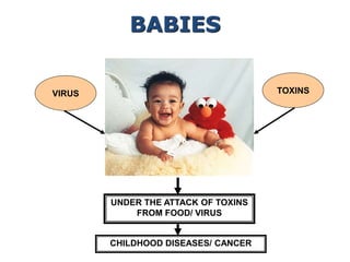 TOXINS
UNDER THE ATTACK OF TOXINS
FROM FOOD/ VIRUS
CHILDHOOD DISEASES/ CANCER
VIRUS
BABIES
 
