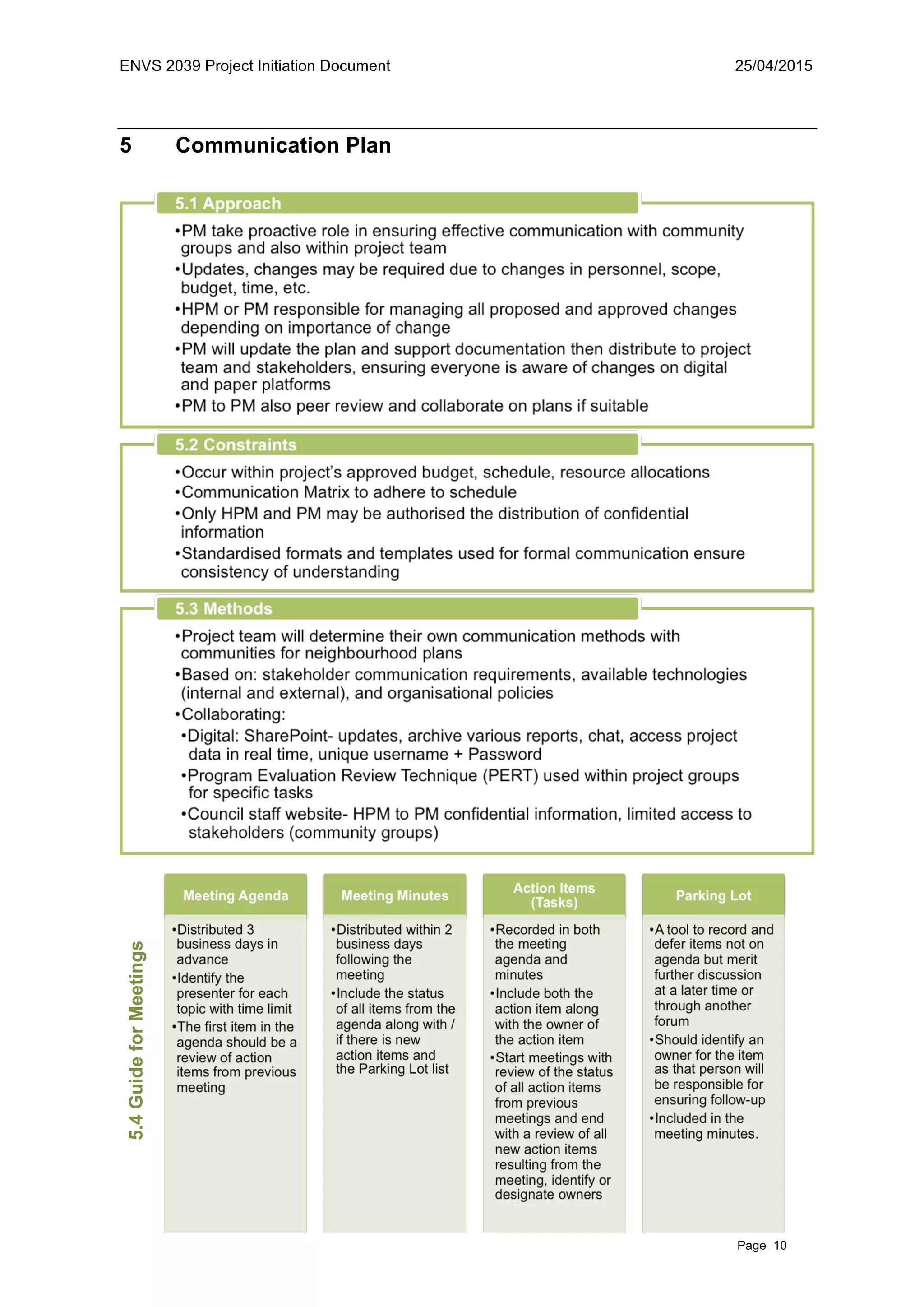 ENVS 2039 Project Initiation Document 25/04/2015
Page 10
5 Communication Plan5.4GuideforMeetings
 