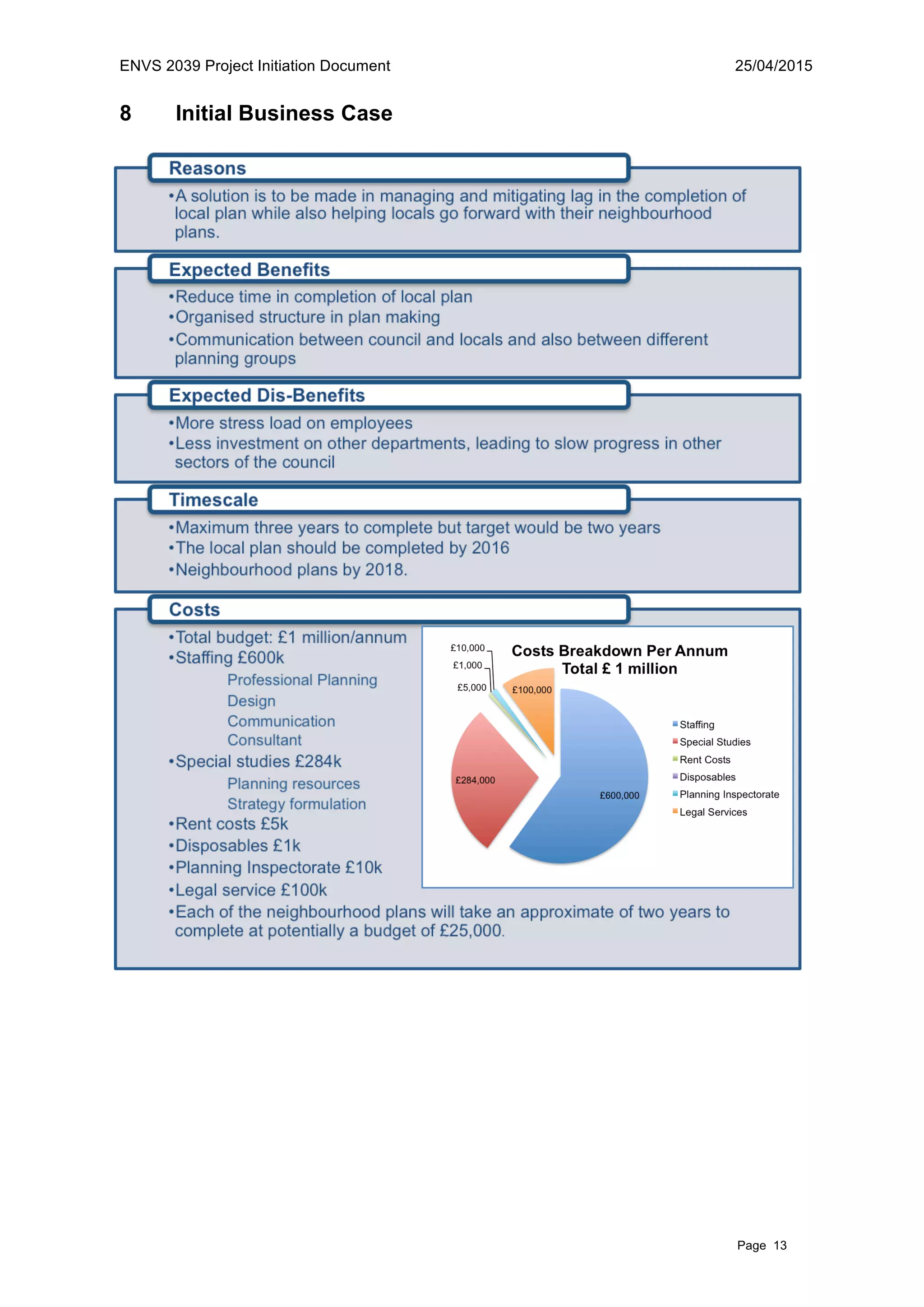 ENVS 2039 Project Initiation Document 25/04/2015
Page 13
8 Initial Business Case
 