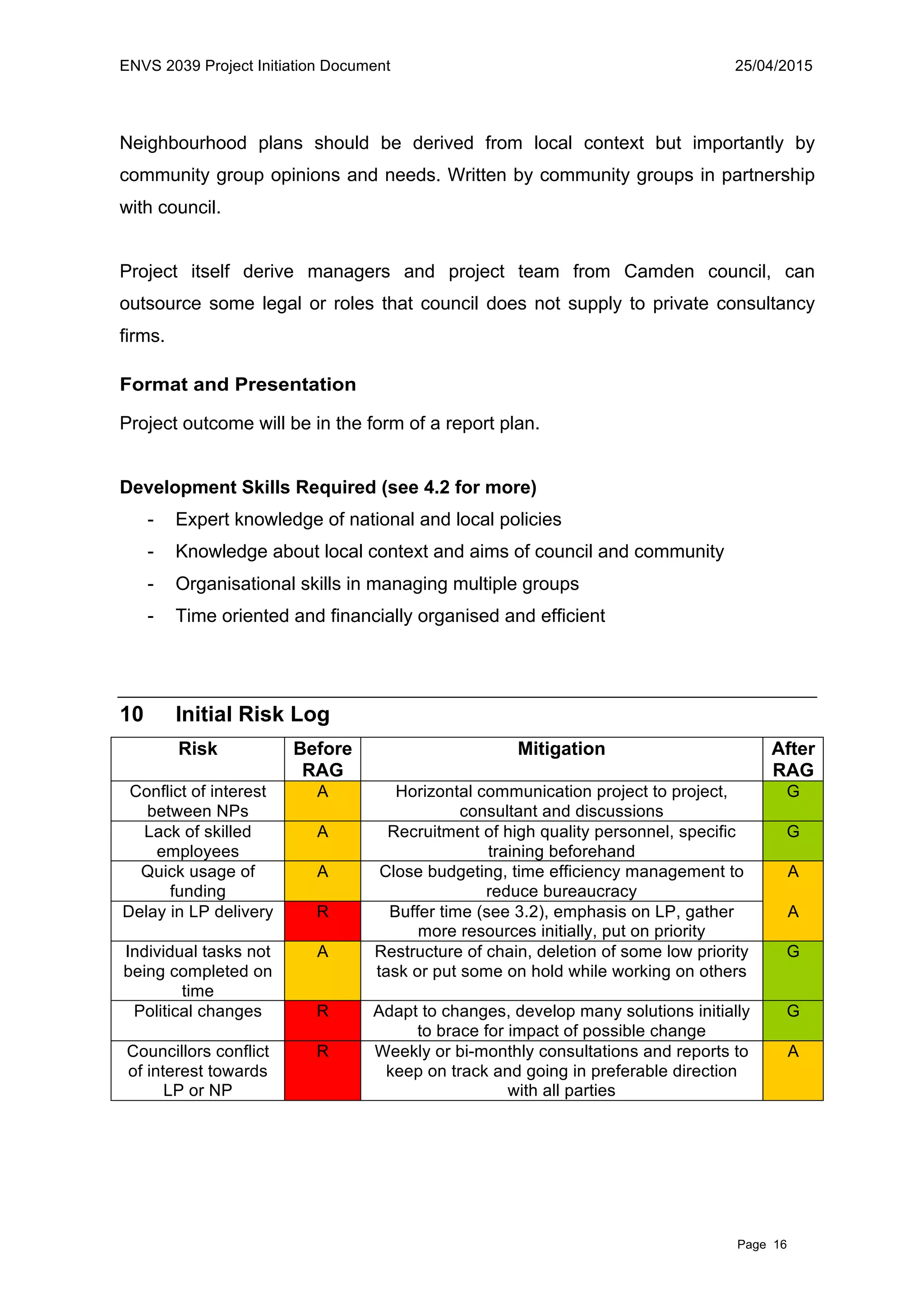 ENVS 2039 Project Initiation Document 25/04/2015
Page 16
Neighbourhood plans should be derived from local context but importantly by
community group opinions and needs. Written by community groups in partnership
with council.
Project itself derive managers and project team from Camden council, can
outsource some legal or roles that council does not supply to private consultancy
firms.
Format and Presentation
Project outcome will be in the form of a report plan.
Development Skills Required (see 4.2 for more)
- Expert knowledge of national and local policies
- Knowledge about local context and aims of council and community
- Organisational skills in managing multiple groups
- Time oriented and financially organised and efficient
10 Initial Risk Log
Risk Before
RAG
Mitigation After
RAG
Conflict of interest
between NPs
A Horizontal communication project to project,
consultant and discussions
G
Lack of skilled
employees
A Recruitment of high quality personnel, specific
training beforehand
G
Quick usage of
funding
A Close budgeting, time efficiency management to
reduce bureaucracy
A
Delay in LP delivery R Buffer time (see 3.2), emphasis on LP, gather
more resources initially, put on priority
A
Individual tasks not
being completed on
time
A Restructure of chain, deletion of some low priority
task or put some on hold while working on others
G
Political changes R Adapt to changes, develop many solutions initially
to brace for impact of possible change
G
Councillors conflict
of interest towards
LP or NP
R Weekly or bi-monthly consultations and reports to
keep on track and going in preferable direction
with all parties
A
 
