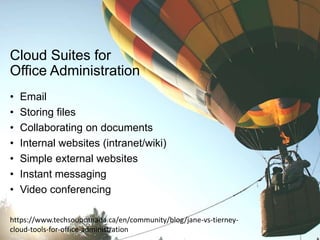Cloud Suites for
Office Administration
• Email
• Storing files
• Collaborating on documents
• Internal websites (intranet/wiki)
• Simple external websites
• Instant messaging
• Video conferencing
https://www.techsoupcanada.ca/en/community/blog/jane-vs-tierney-
cloud-tools-for-office-administration
 