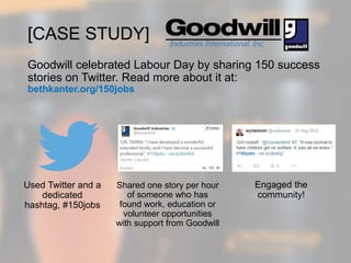 [CASE STUDY]
Goodwill celebrated Labour Day by sharing 150 success
stories on Twitter. Read more about it at:
bethkanter.org/150jobs
Used Twitter and a
dedicated
hashtag, #150jobs
Shared one story per hour
of someone who has
found work, education or
volunteer opportunities
with support from Goodwill
Engaged the
community!
Industries International. Inc,
 