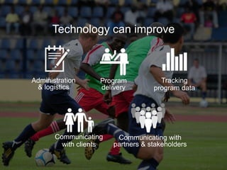 Program
delivery
Tracking
program data
Technology can improve
Administration
& logistics
Communicating with
partners & stakeholders
Communicating
with clients
 