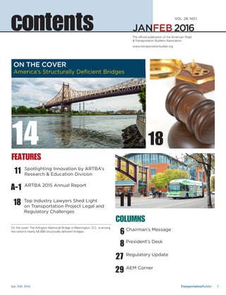 Jan.-Feb. 2016 TransportationBuilder 3
JANFEB 2016
VOL. 28, NO.1
contents The official publication of the American Road
& Transportation Builders Association
www.transportationbuilder.org
FEATURES
COLUMNS
Chairman’s Message
President’s Desk
Top Industry Lawyers Shed Light
on Transportation Project Legal and
Regulatory Challenges
ARTBA 2015 Annual Report
Spotlighting Innovation by ARTBA’s
Research & Education Division
Regulatory Update
AEM Corner
6
18
A-1
11
27
29
8
On the cover: The Arlington Memorial Bridge in Washington, D.C. is among
the nation’s nearly 59,000 structurally deficient bridges.
ON THE COVER
America’s Structurally Deficient Bridges
14 18
11
 