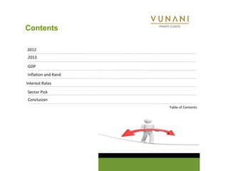 Contents

2012
2013

GDP
Inflation and Rand
Interest Rates
Sector Pick
Conclusion
                     Table of Contents
 